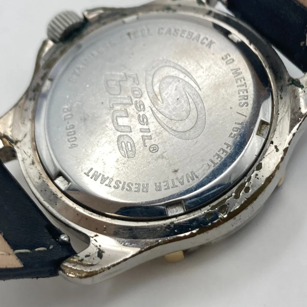 Fossil Blue Men's Watch 38mm Silver Tone Day Date Rotating Bezel New Battery 9